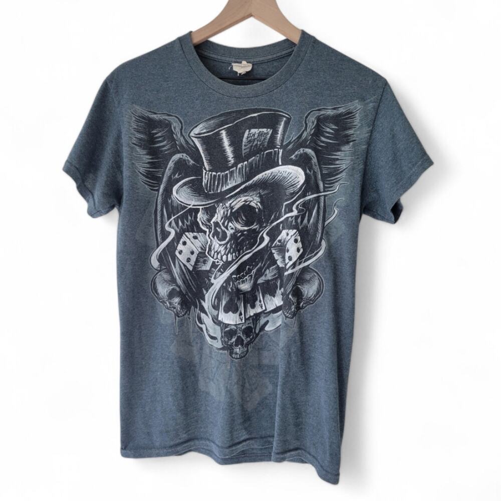 Graphic Tattoo Art Skull Dice Top Hat Skull T-Shirt Size Small Gray